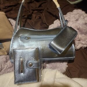 Metallic Blue Silver Shoulder Bag Set - Women's Bag with Wallet and Pouch